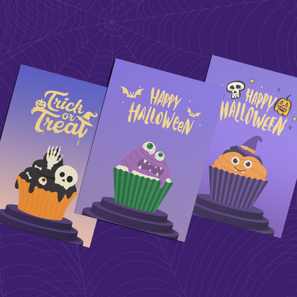 3 Set of Halloween Scary Cupcakes Cards HC011